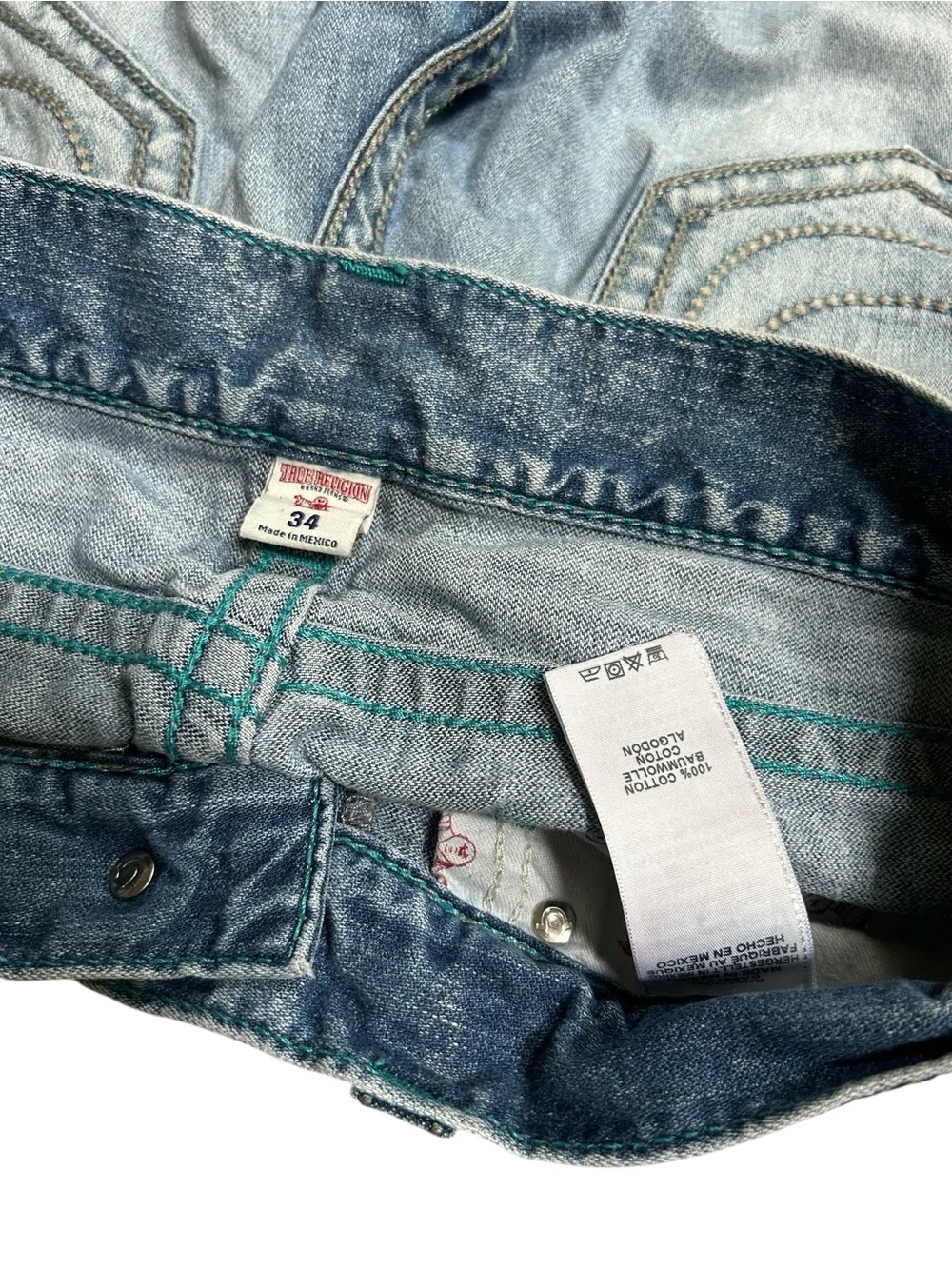 True Religion Straight Flap Chainstitch Acid Wash Jeans Y2K Size 34